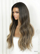 Highlight blonde wig with caramel tones and middle part