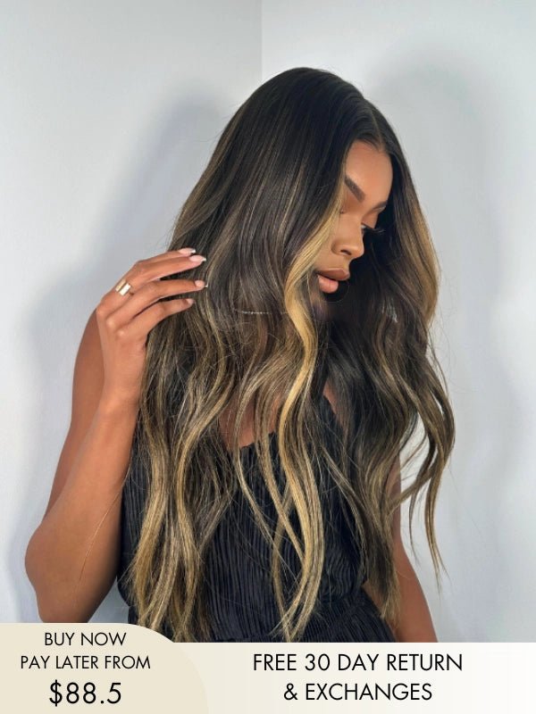 Izzie brown wig with blonde highlights and soft waves