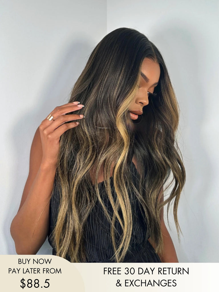 Izzie brown wig with blonde highlights and soft waves