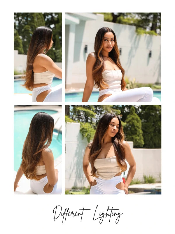 Brown ombre wig featuring dark roots and lighter highlights