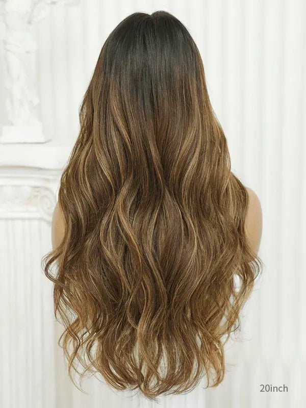 Brown ombre wig featuring dark roots and lighter highlights