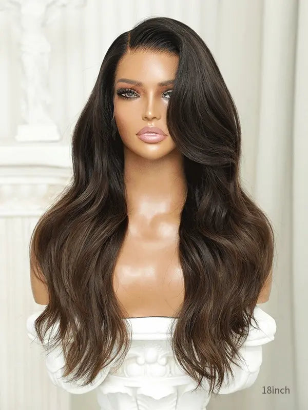 Brown human hair wig styled with loose waves