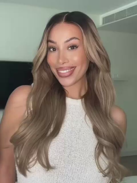 Brown wig with blonde highlights and multidimensional layers