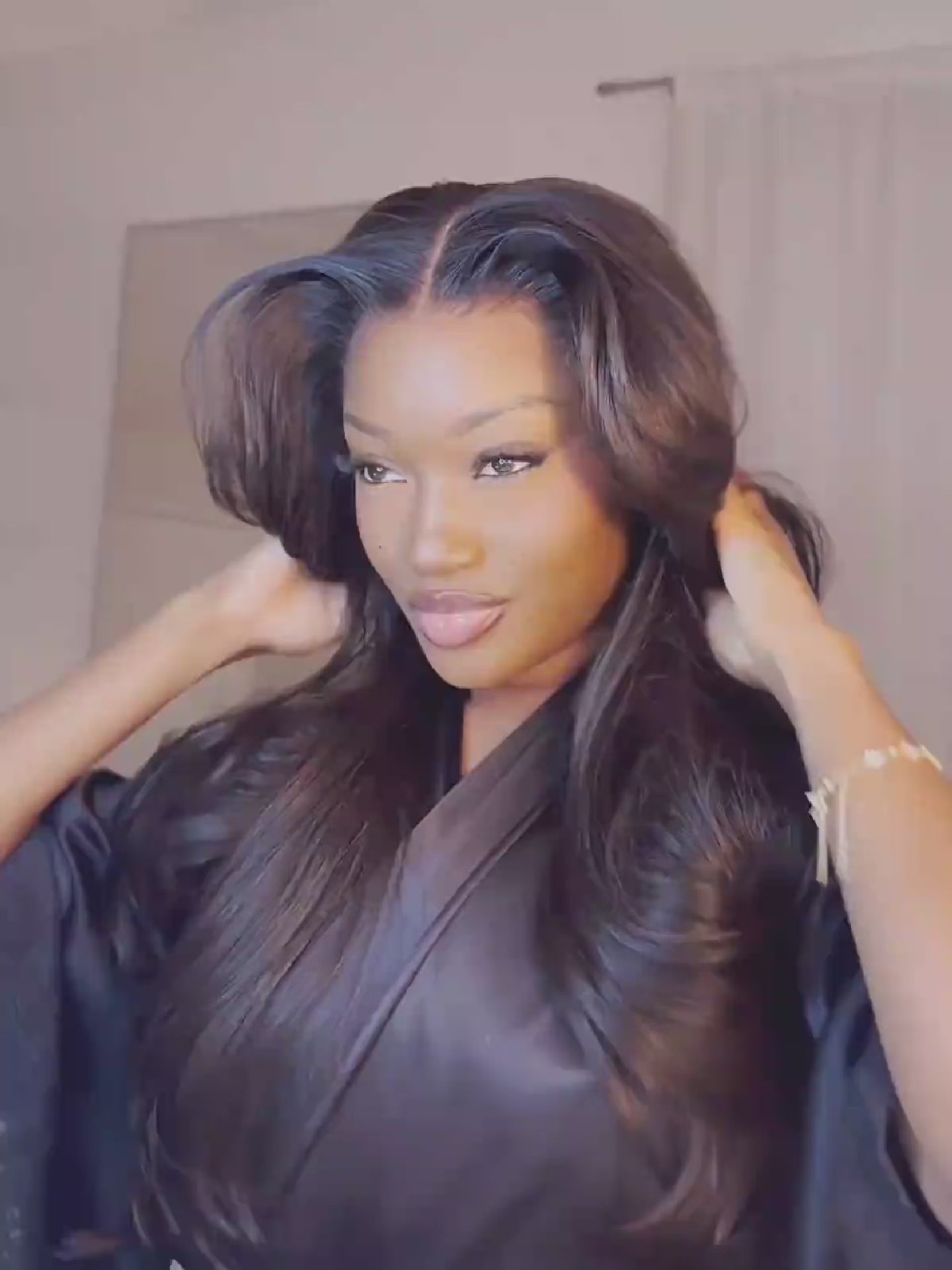 Curtain bangs wig with side parting and soft curls