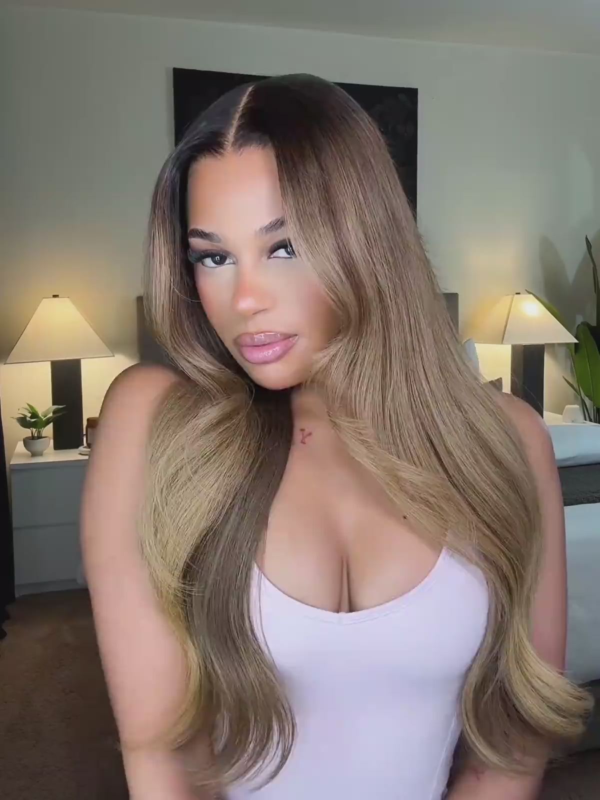 Luxury body wave wig with blonde highlights and dark roots
