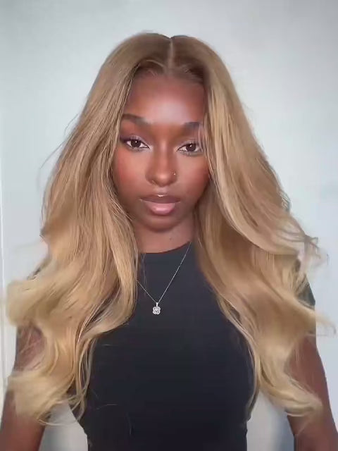 Long blonde hair wig with layered waves and lace front
