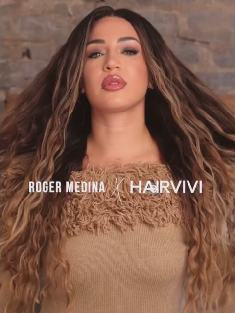 Brown and blonde ombre wig with glossy wet and wavy texture