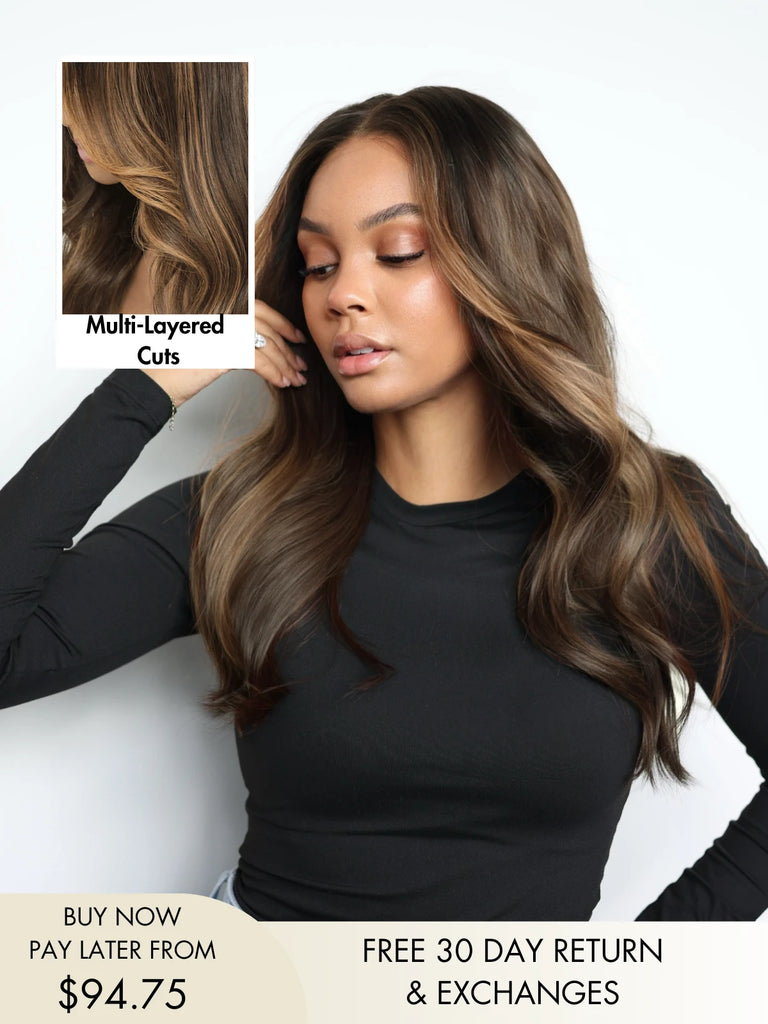 Elena auburn wig with face-framing light brown highlights
