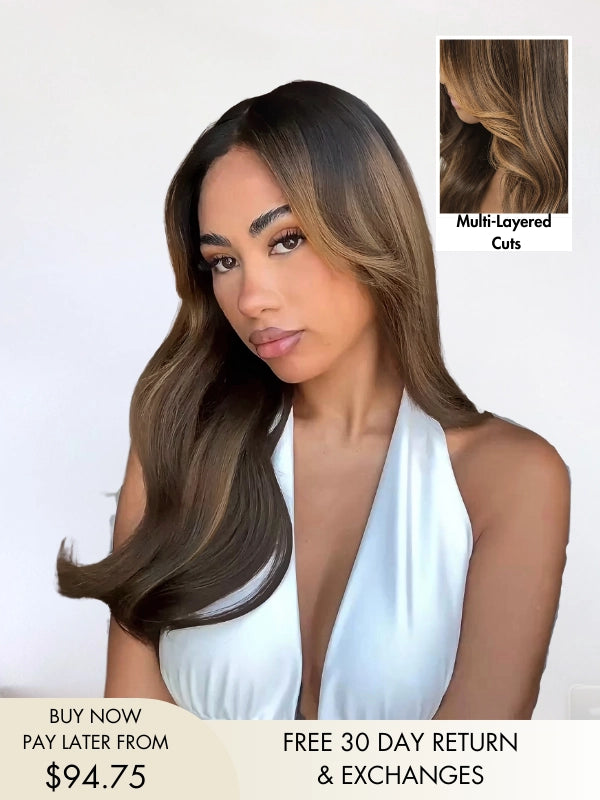Elena auburn wig with face-framing light brown highlights