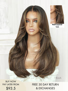 Brown wig with blonde highlights and natural middle part