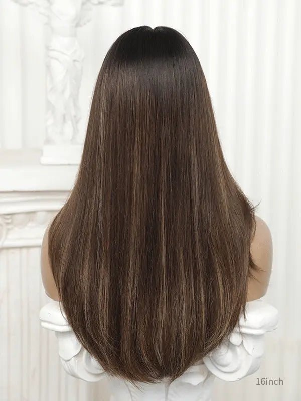 Stylish wig with fringe and warm brown base color