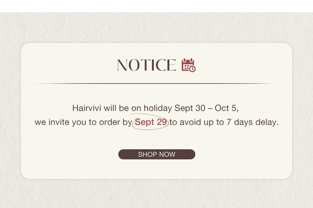 Notice message about Hairvivi wig online being on holiday